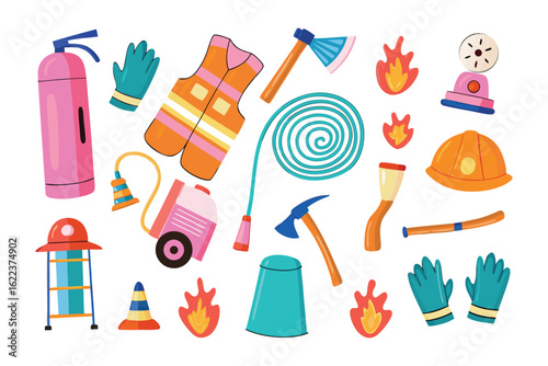Firefighting Essential Tools Set: A vibrant array of essential firefighting tools are arranged in a colorful and orderly manner.