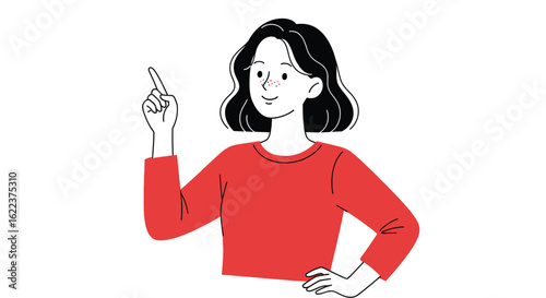 Illustration of woman pointing up, vector art, black hair, red shirt design