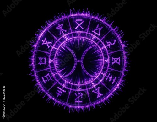Purple glowing circle with various symbols and patterns on a black background
