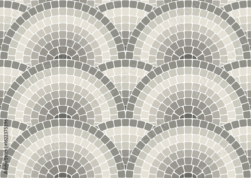Seamless grayscale mosaic pattern with waves, portuguese style decorative scales pavement, monochrome stone tiling with rounded ornament, vector