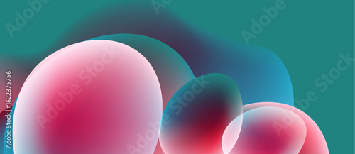 Abstract colorful orbs overlap, creating soft gradients. Teal background complements pink, blue hues. Minimalist design, smooth textures present.
