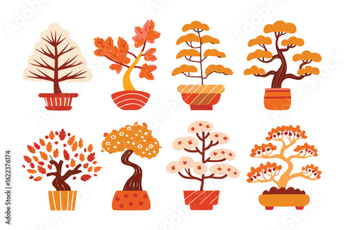 Bonsai Tree Variety: A captivating collection of stylized Bonsai trees, each uniquely shaped and potted, offering a vibrant display of botanical artistry and cultural significance. 