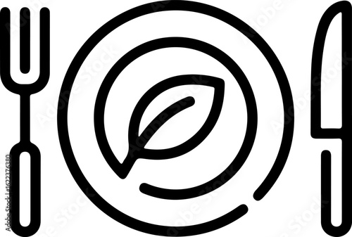 Simple line art icon of a plate with a leaf fork and knife representing healthy eating