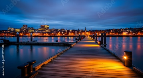 Wallpaper Mural Night cityscape with wooden dock and lights reflecting on water Torontodigital.ca