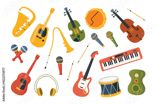 Instrumental Ensemble: A vibrant and lively collection of musical instruments, each exuding its unique form and charm. The assortment celebrates the diverse world of musical expression.
