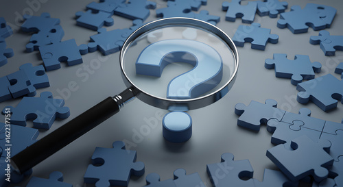 Magnifying Glass with Question Mark Over Blue Puzzle Pieces on Gray Surface