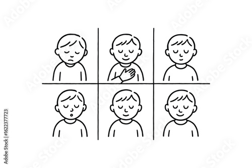 hand drawn cute doodle style line isolated on white background introspection (expressions): looking down hand on heart closed eyes deep breath stillness soft posture