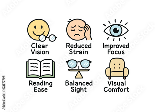 hand drawn cute doodle style line isolated on white background correction (outcomes): clear reduced strain improved focus reading ease balanced sight visual comfort