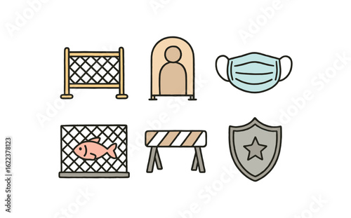 hand drawn cute doodle style line isolated on white background protective barrier (uses): safety privacy health containment control defense