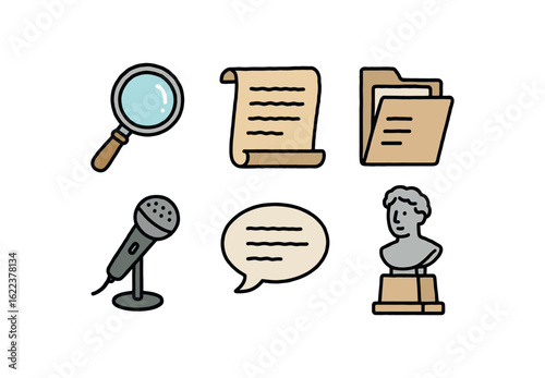 hand drawn cute doodle style line isolated on white background lens of history (contexts): museum classroom archive documentary public debate monument