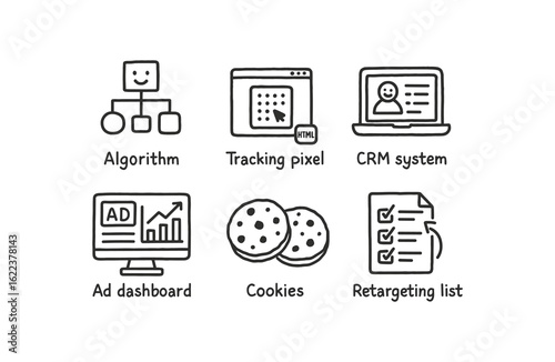 hand drawn cute doodle style line isolated on white background advertising targeting (tools): algorithm tracking pixel CRM system ad dashboard cookies retargeting list