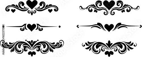 Filigree curly Calligraphic Heart, Fancy Line Flourishes Swirls hearts, curve romantic love separator, Valentines Day divider flourish Swirl, Calligraphy Flourish lettering header hearts scroll