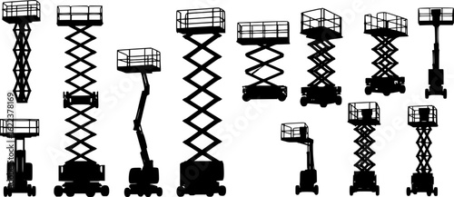 set of scissor lift machine silhouette, black and white silhouette, vector and illustration
