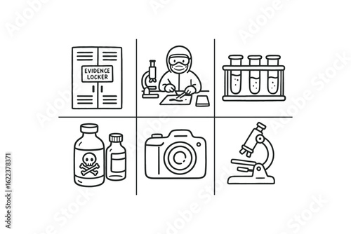 hand drawn cute doodle style line isolated on white background forensic scientist (lab): evidence locker workstation test tube rack chemical bottles camera microscope