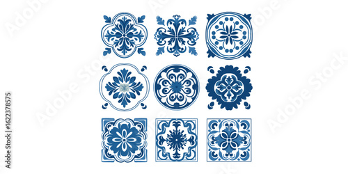 vector illustration of floral oriental vintage tile pattern azulejos in blue color