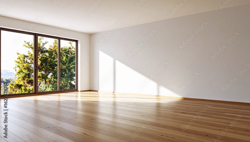 Obraz premium Empty Room with Large Window and Hardwood Floor, Sunlight Streaming In, Nature View