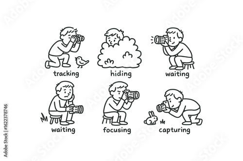 hand drawn cute doodle style line isolated on white background wildlife photographer (actions): tracking hiding clicking waiting focusing capturing