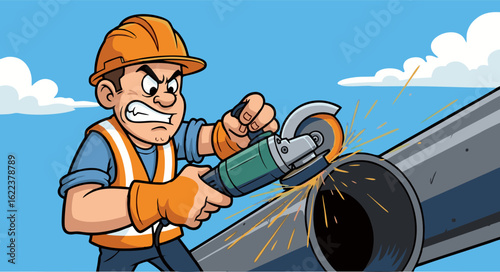 Angry Cartoon Construction Worker Using Angle Grinder on Pipe