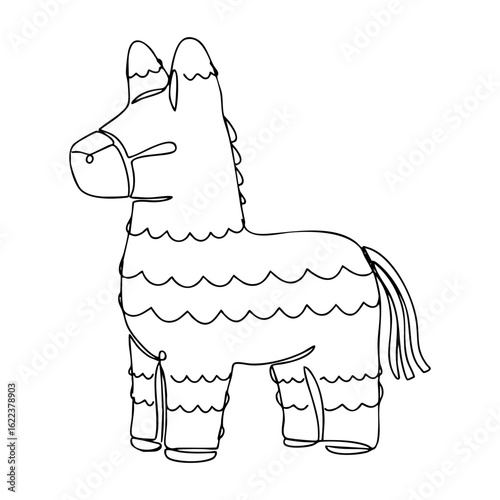 Vector line art of a traditional llama-shaped party piñata with fringe decorations and festive details