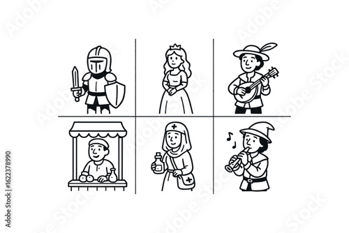 hand drawn cute doodle style line isolated on white background medieval fair (characters): knight noble bard vendor healer minstrel