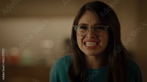 Wallpaper Mural Emotional young woman with glasses at home arguing and expressing frustration during intense conversation at night in dimly lit interior Torontodigital.ca