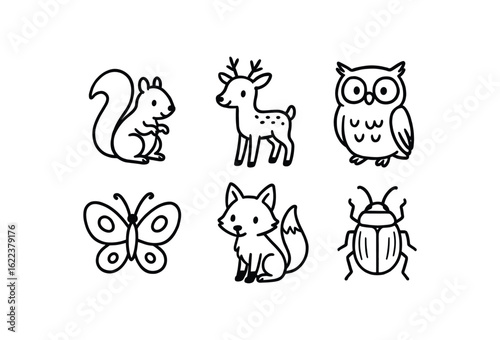 hand drawn cute doodle style line isolated on white background wilderness path (wildlife): squirrel deer owl butterfly fox beetle