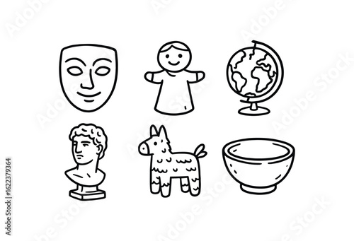 hand drawn cute doodle style line isolated on white background papier mache (objects): mask puppet globe sculpture pinata bowl