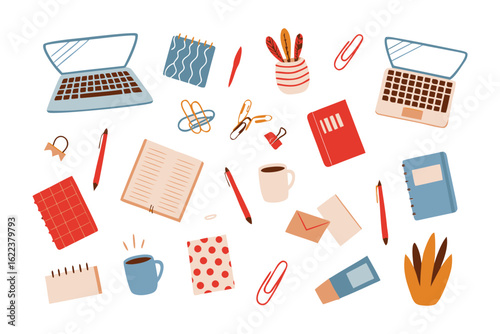 Organized Workspace Essentials: A meticulously curated collection of office supplies, meticulously arranged to inspire productivity and creativity.
