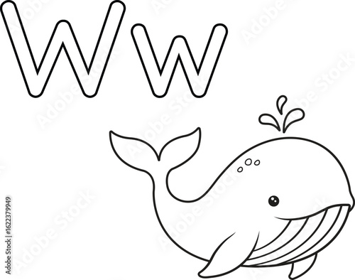 Alphabet coloring page letter W with whale