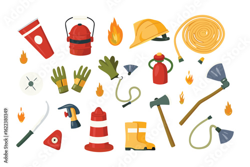 Firefighting Gear: A comprehensive collection of firefighting equipment, including helmets, axes, hoses, and various tools. Perfect for illustrations.