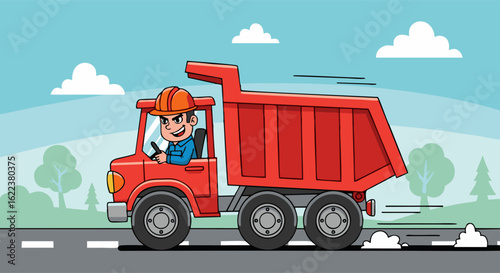 Cartoon dump truck with a smiling driver wearing an orange hardhat
