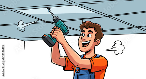 Cartoon handyman drilling into ceiling, smiling with dust cloud effect
