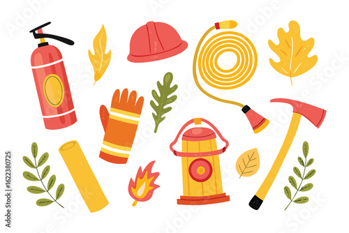 Firefighter's Essentials: A collection of essential firefighter equipment laid out on a clean surface. Each item is illustrated in a clean style, perfect for educational materials.