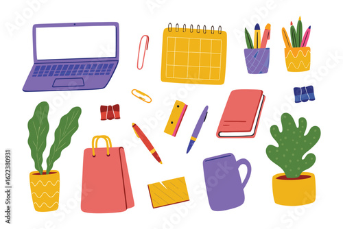 Workspace stationery items: A vibrant collection of workspace stationery items, including a laptop, a calendar, pens, notepads, and potted plants, perfect for business, office