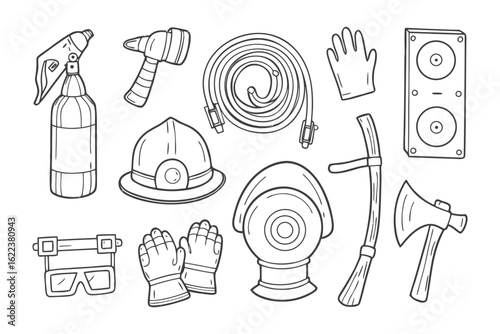 Essential Firefighting Tools Collection: A collection of essential firefighting tools, neatly arranged and meticulously illustrated in a photorealistic style.