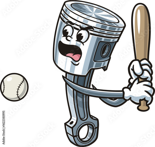 Cartoon character piston playing baseball