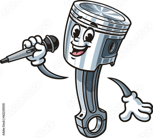 Cartoon character piston holding microphone and singing