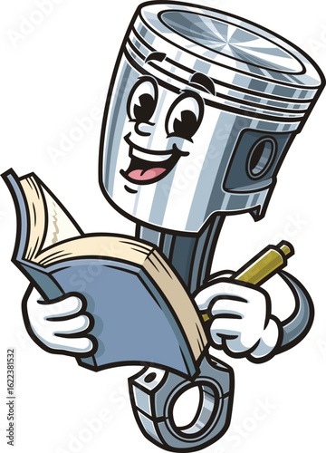 Cartoon character piston holding a book