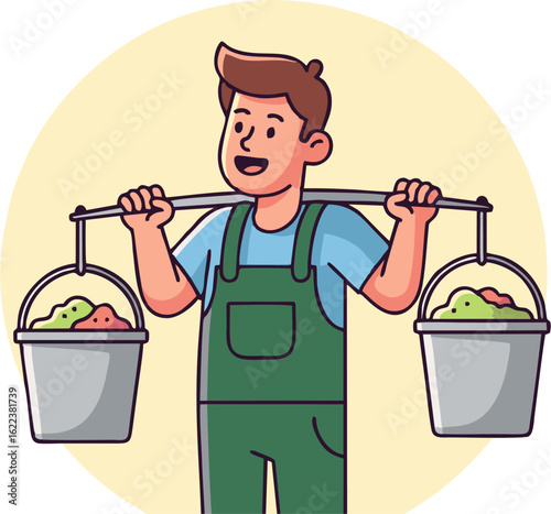 Cheerful Farmer Carrying Buckets of Harvested Produce on a Yoke