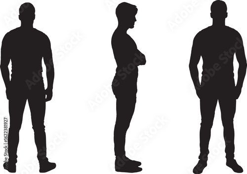  vector; silhouette of back side and front view of same young man standing