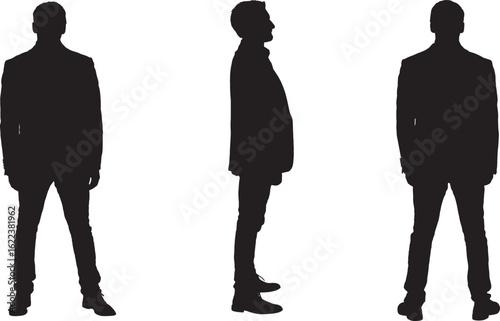  vector;silhouette of front side and back view of same man dressed in blazer,trousers and shoes,standing