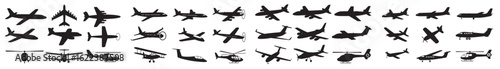 Collection of various airplane and helicopter silhouettes against a white background in rows