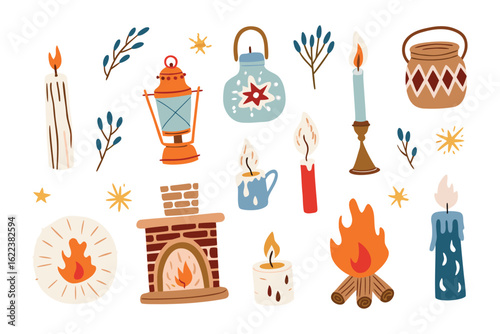 Candlelight Collection: A cozy illustration of various candles and lanterns, depicting the warm, flickering glow of candlelight, perfect for evoking a sense of comfort and serenity.