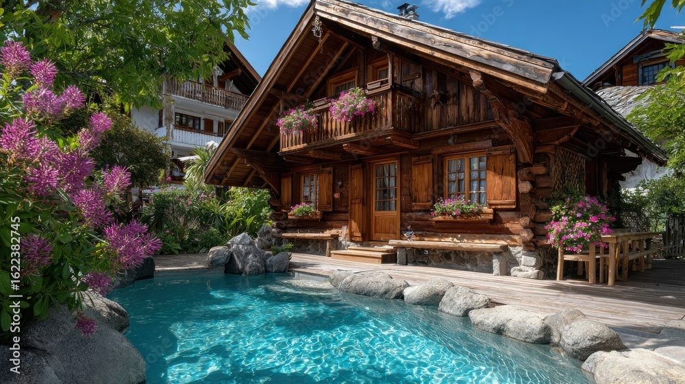 custom made wallpaper toronto digitalAlpine chalet by a pool. Lush gardens