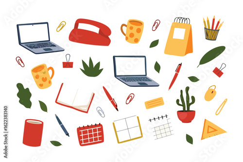 Workspace Essentials: A vibrant assortment of office supplies and stationary arranged for an inspiring and productive workday.