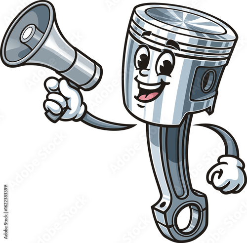 Cartoon character piston holding a megaphone or loudspeaker