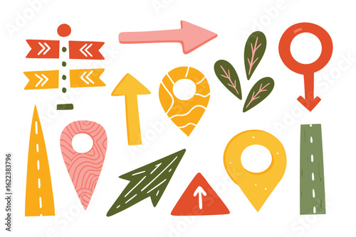 Navigational elements and signage: Colorful icons and visual elements, including arrows, road signs and location pins, on display, hinting at guidance and wayfinding.