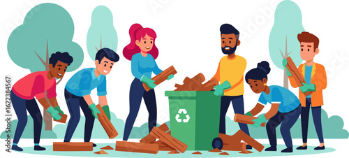 Diverse group of volunteers cleaning up wood debris around a green recycling bin