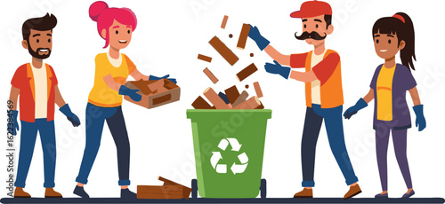 Diverse Group of Volunteers Recycling Wood into a Green Recycle Bin