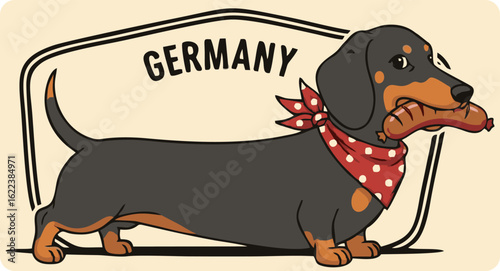 German Dachshund with Sausage in Mouth and Red Bandana